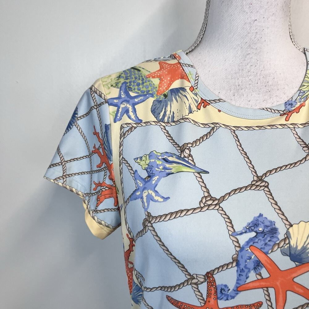 J. McLaughlin Top T Shirt size Small Blue Orange Starfish Shells Ocean Beach - Picture 3 of 8
